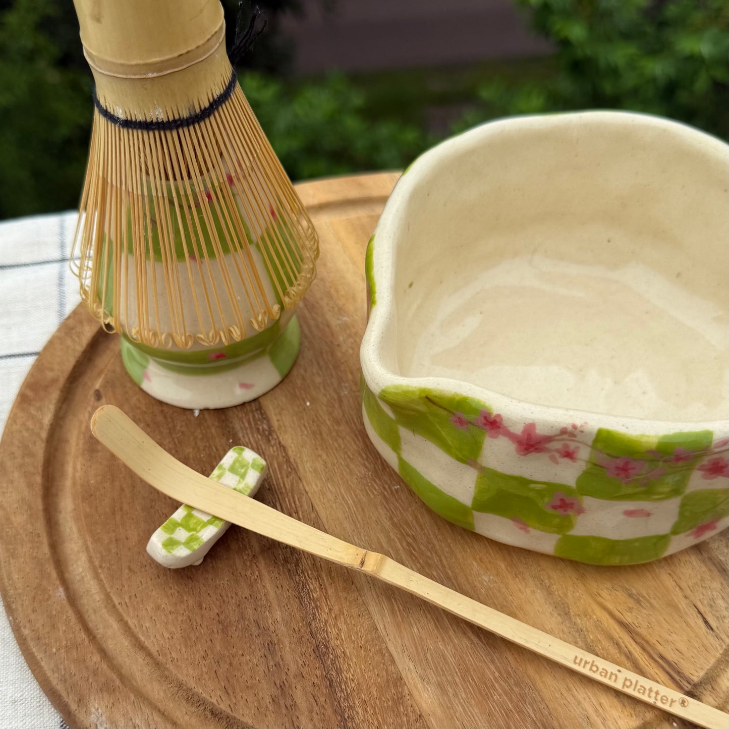 Green checked matcha pourer + whisk holder