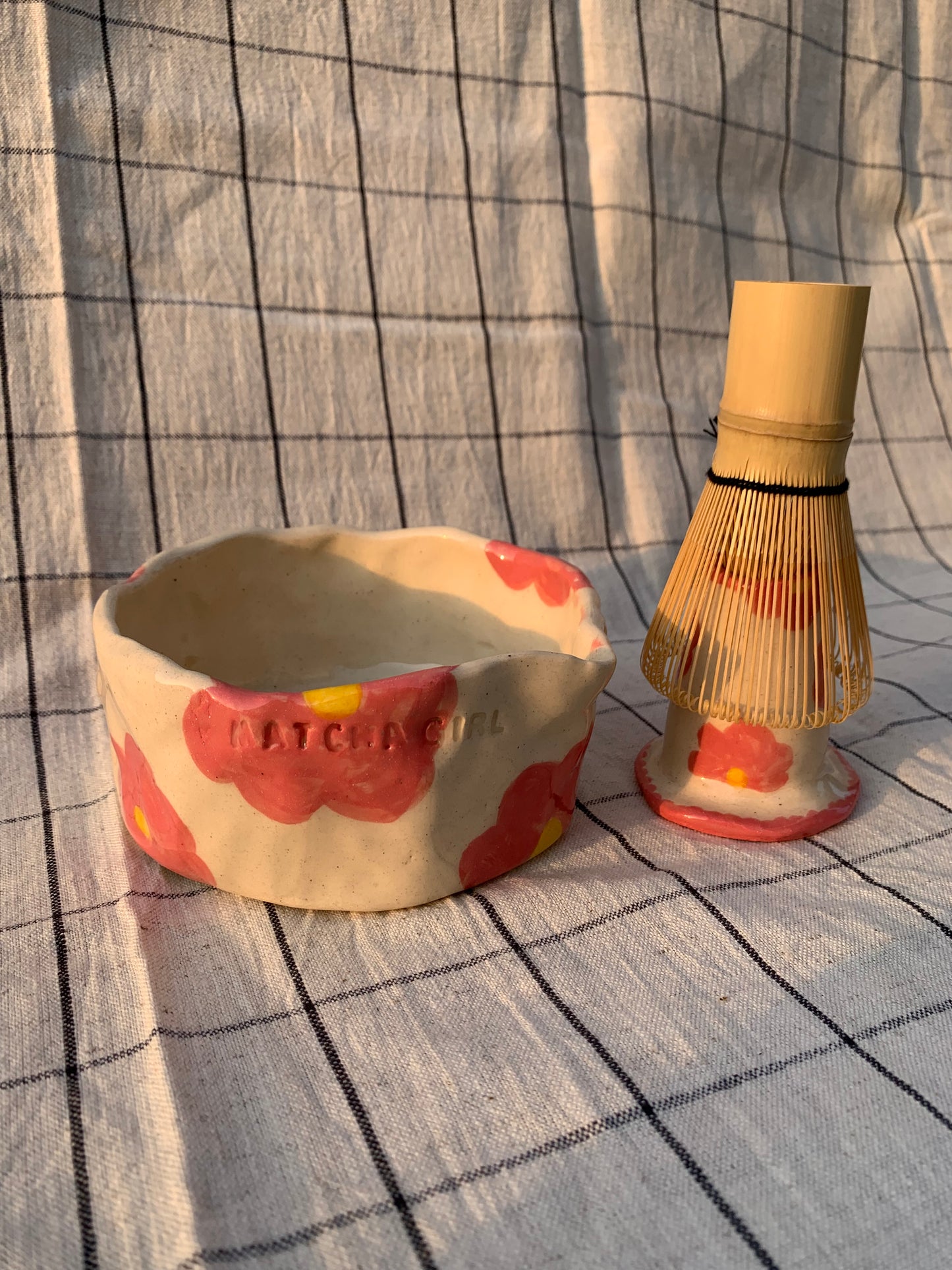 Pink handbuild matcha pourer + holder