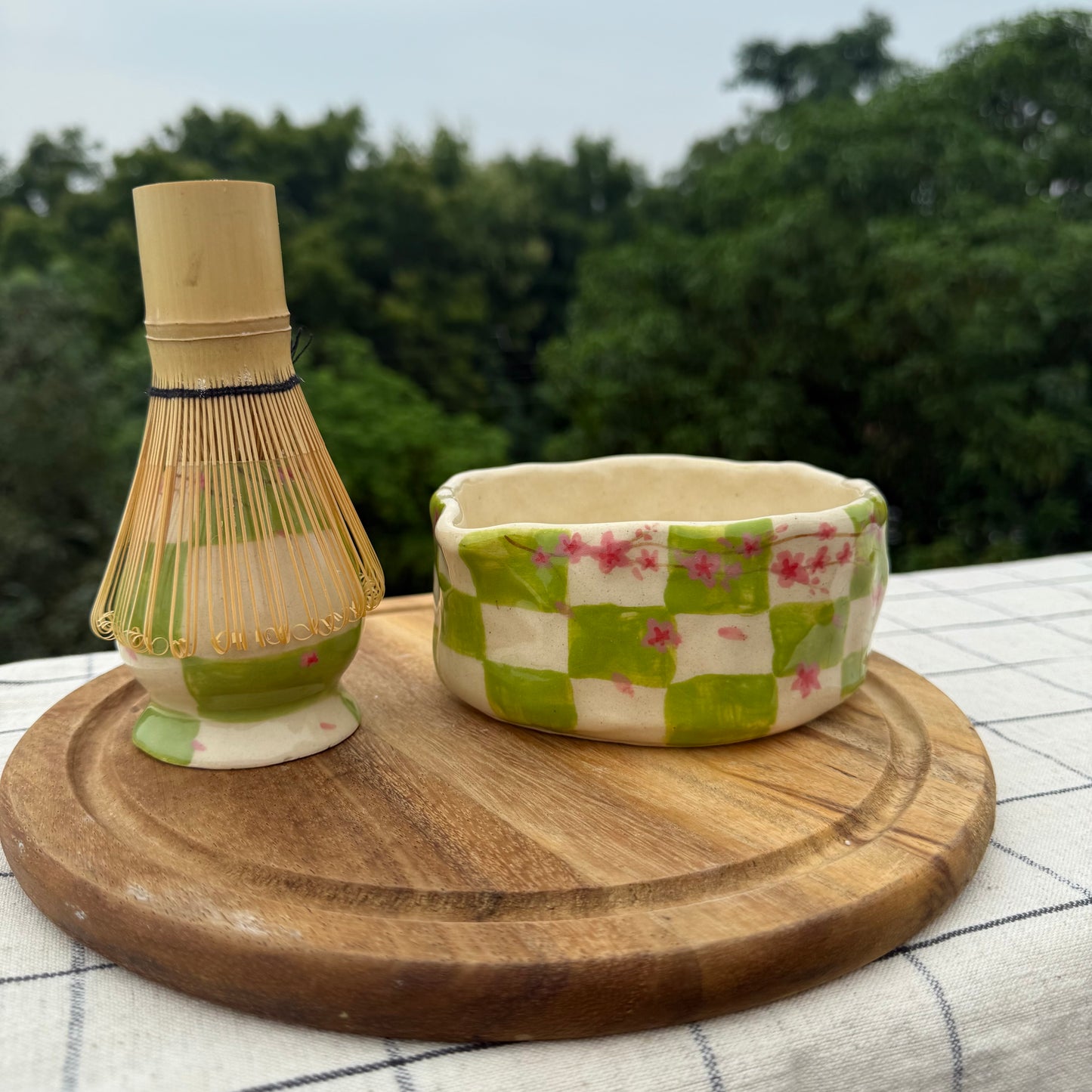 Green checked matcha pourer + whisk holder