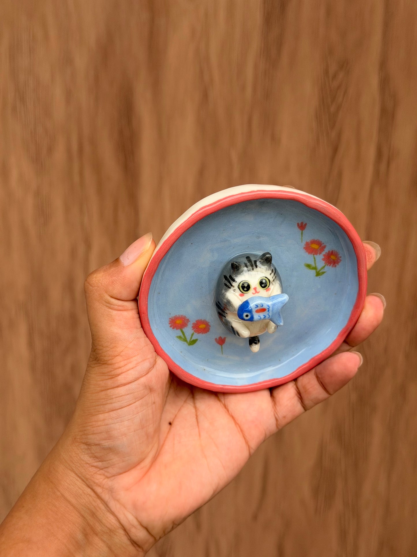 Grey Cat & fish trinket