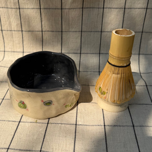 Grey matcha themed pourer+whisk holder