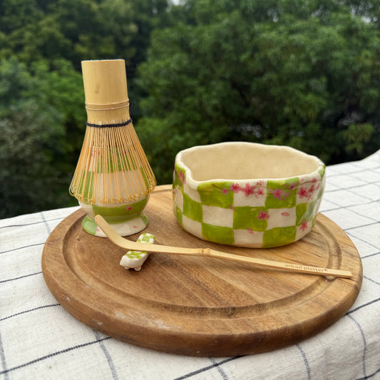 Green checked matcha pourer + whisk holder