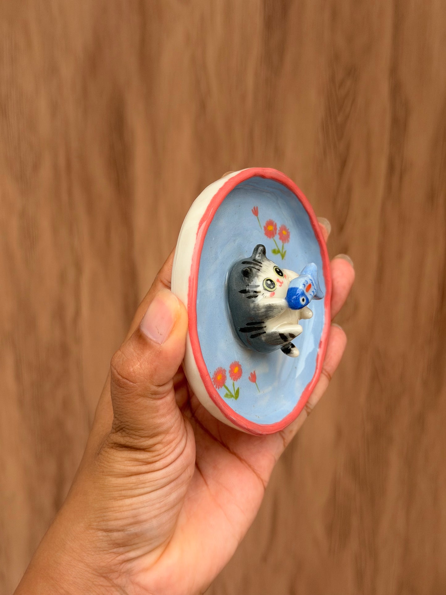 Grey Cat & fish trinket