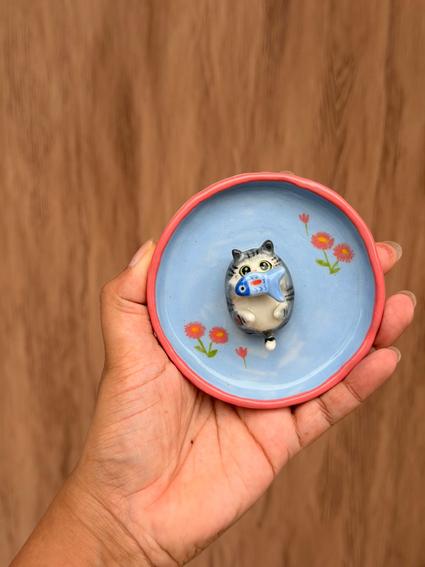 Grey Cat & fish trinket
